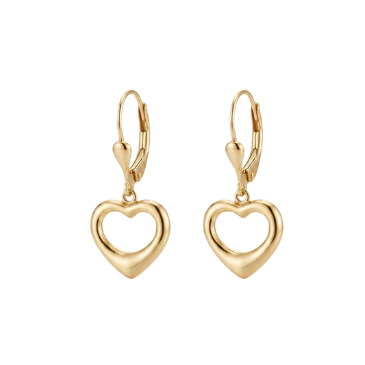 Aretes corazon colgante 14k